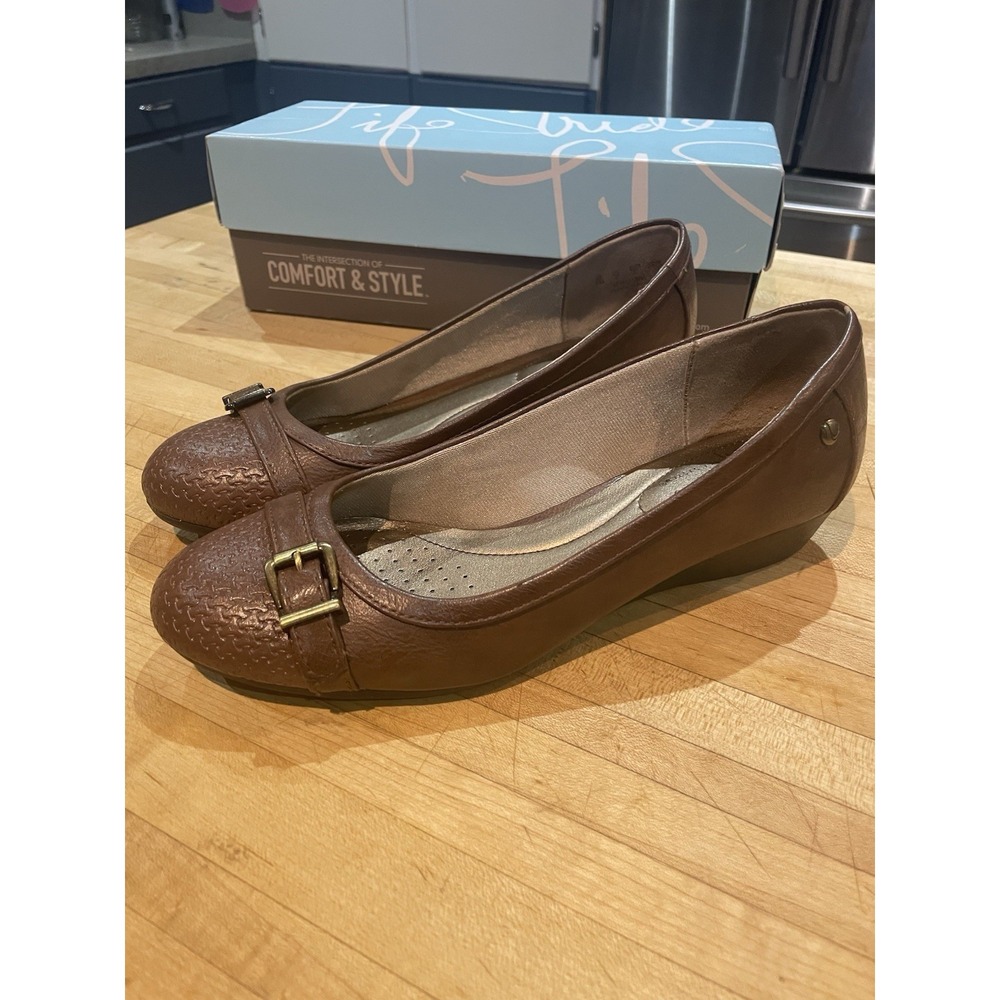 Life Stride Comfort Wedge Slip On Shoes Brown Sz 7 Braided Toe Buckle Strap